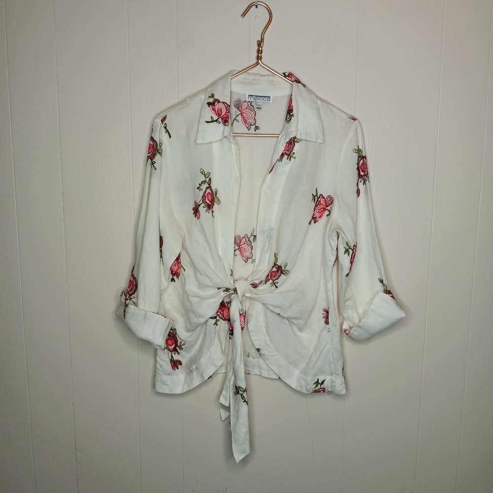 Mischa Linen Blouse L White Floral Embroidered Tie Front Beach Resort Cruise